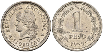 Аргентина 1 песо 1959 голова свободы влево KM 57, Schon 57 сталь плакированная никелем    60-1015