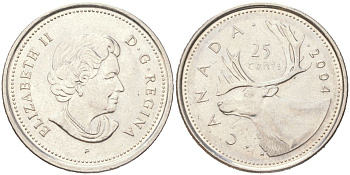 Канада 25 центов 2004 P, Елизавета II, олень KM 493 сталь плакированная никель aUNC 4143-354