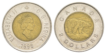 Канада 2 доллара 1996 Елизавета II (1952-2022), полярный медведь KM 270 биметалл 4631-832