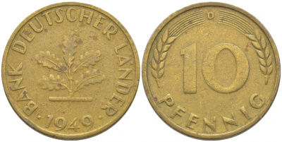 ФРГ 10 ПФЕННИГОВ 1949 D KM 103, J.378 сталь плакированная латунью 3856-343