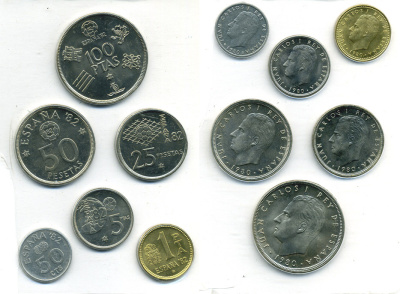 Испания официальный набор из 6 монет (50 сентимов; 1, 5, 25, 50 и 100 песет) 1980 чемпионат мира по футболу в Испании 1982 года KM MS11 (815, 816, 817, 818, 819 и 820)  UNC 7-5-6-21