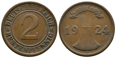 ГЕРМАНИЯ 2 РЕНТЕНПФЕННИГА 1924 J KM 31, J.307 бронза 93-715