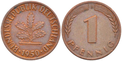 ФРГ 1 ПФЕННИГ 1950 J KM 105, J. 380 сталь плакированная медью 116-344