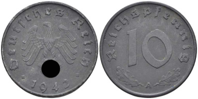 ГЕРМАНИЯ 10 РЕЙХСПФЕННИГОВ 1942 A KM 101, J. 371 цинк 4401-625