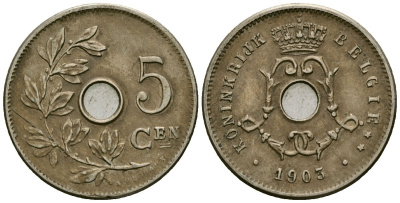 Бельгия 5 сантимов 1903 Belgie KM 47 медно-никель 4173-115