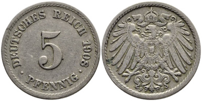 Германия 5 пфеннигов 1908 F KM 11, Jager 12, Weege 6 медно-никель 4547-466