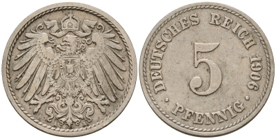 Германия 5 пфеннигов 1906 A J.12, KM 11 медно-никель    4598-1132