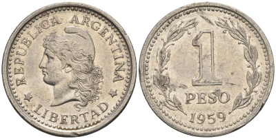 Аргентина 1 песо 1959 голова свободы влево KM 57, Schon 57 сталь плакированная никелем    60-1015