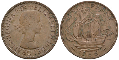 Великобритания 1/2 пенни 1966 Елизавета II (1952-2022) KM 896, Spink 4158 бронза 4610-712