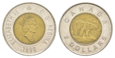 Канада 2 доллара 1996 Елизавета II (1952-2022), полярный медведь KM 270 биметалл 4631-832