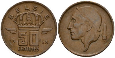 Бельгия 50 сантимов 1958 Belgie, Бодуэн I (1951-1993) KM 149 бронза 4189-855