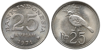 Индонезия 25 рупий 1971 год тип, венценосный голубь KM 34 медно-никель aUNC 4118-143