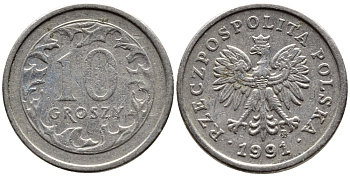 ПОЛЬША 10 ГРОШЕЙ 1991 MW KM 279 медно-никель 4392-559