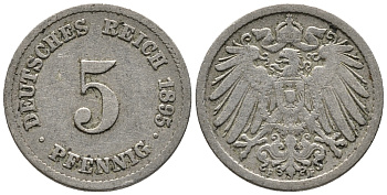 Германия 5 пфеннигов 1895 F KM 11, Jager 12, Weege 6 медно-никель 39-714