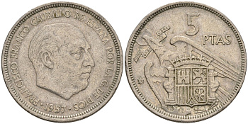 Испания 5 песет 1957 (72) Франсиско Франко (1939 - 1975) KM 786 медно-никель 4155-556