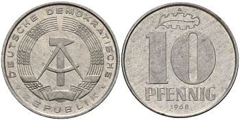 ГДР 10 пфеннигов 1968 A KM 10 алюминий 33-724