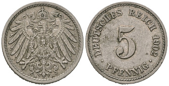 Германия 5 пфеннигов 1902 KM 11, J. 12 медно-никель 188-128