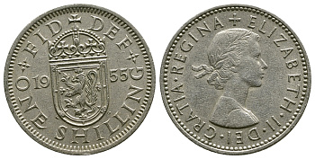 Великобритания 1 шиллинг 1955 Елизавета II (1952-2022), Шотландский герб KM 905, Spink 4148 медно-никель 4384-555