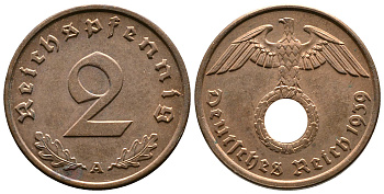 Германия 2 рейхспфеннига 1939 A KM 90, J. 362 бронза 220-563