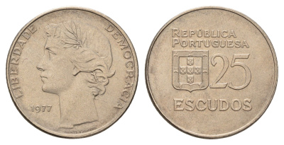 Португалия 25 эскудо 1977 KM 607 медно-никель 4675-337