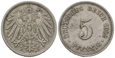 Германия 5 пфеннигов 1902 KM 11, J. 12 медно-никель 188-128