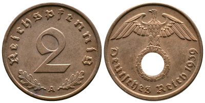 Германия 2 рейхспфеннига 1939 A KM 90, J. 362 бронза 220-563