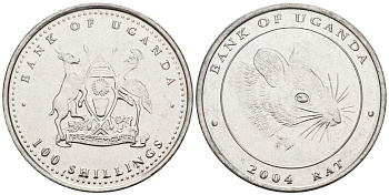 Уганда 100 шиллингов 2004 серия лунный календарь, год крысы KM 144 сталь UNC M57-18