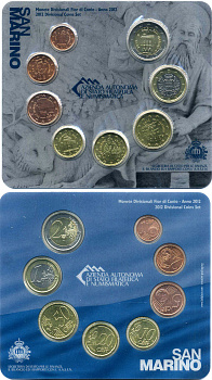 Сан-Марино евронабор из 8 монет 2012 1, 2, 5, 10, 20, 50 евроцентов, 1, 2 евро, пластик, запайка, буклет BUNC 4-5-3-21