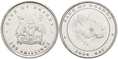 Уганда 100 шиллингов 2004 серия лунный календарь, год крысы KM 144 сталь UNC M57-18