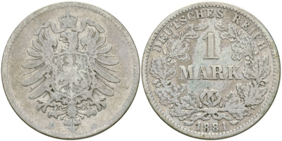 Германия 1 марка 1881 E Weege 17, J. 9, KM 7 серебро 65-141
