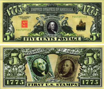 США 5 ПОЧТОВЫХ ЦЕНТОВ ND СУВЕНИРНАЯ БАНКНОТА, ПЕРВЫЙ ГЛАВА ПОЧТОВОЙ СЛУЖБЫ БЕНДЖАМИН ФРАНКЛИН 1775 ГОД, ПОЧТМЕЙСТЕР, ПОЧТОВЫЕ МАРКИ бумага аUNC 7198-38-3-1