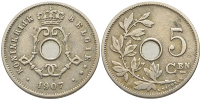 БЕЛЬГИЯ 5 САНТИМОВ 1907 BELGIE KM 55 медно-никель 112-226