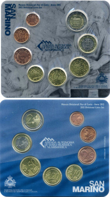 Сан-Марино евронабор из 8 монет 2012 1, 2, 5, 10, 20, 50 евроцентов, 1, 2 евро, пластик, запайка, буклет BUNC 4-5-3-21