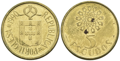 Португалия 5 эскудо 1990 KM 632 никель латунь 4148-453