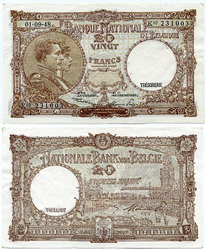БЕЛЬГИЯ 20 ФРАНКОВ 1948 1 СЕНТЯБРЯ 1948 Pick 116 бумага 7486-62-2-1