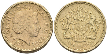 Англия 1 фунт 2001 КОРОЛЕВСКИЙ БРИТАНСКИЙ ГЕРБ KM 993, Spink 4590 никель латунь 88-446