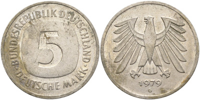 ФРГ 5 марок 1979 G KM 140.1, J.415 никель покрытый медно-никелем 4139-122