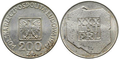 Польша 200 злотых 1974 MW, 30 лет Народной Республике KM 72, Parchimowicz 304а серебро UNC 441-1322