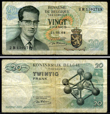 Бельгия 20 франков 1964 Бодуэн I, атомиум, d Haeze Pick 138 (1) бумага 6299-44-1-2