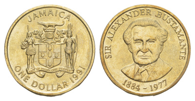 Ямайка 1 доллар 1991 Александр Бустаманте KM 145 никель латунь UNC 4652-626