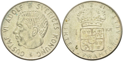 Швеция 1 крона 1961 U, Густав VI Адольф (1950-1973) KM 826 серебро 4610-926