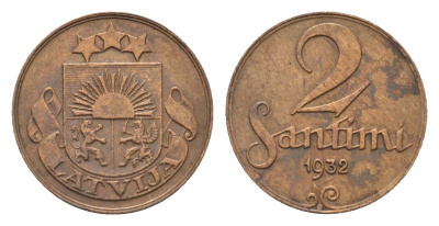 Латвия 2 сантима 1932 KM 2 бронза 4689-933