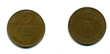 НОРВЕГИЯ 5 ЭРЕ 1940 ХОКОН VII KM 368 бронза 56-424