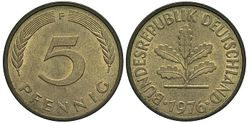 ФРГ 5 ПФЕННИГОВ 1976 F KM 107, Jager 382 сталь плакированная латунью 4547-753