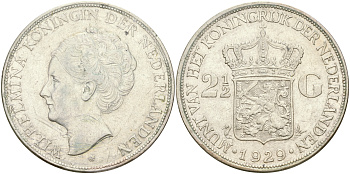 Нидерланды 2 1/2 гульдена 1929 Вильгельмина I (1890-1948), редкий год KM 165 серебро 00-1067-3-23