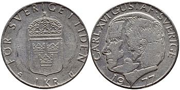 Швеция 1 крона 1977 Карл XVI Густав (1973- ) KM 852 медь плакированная медно-никелем 4397-824