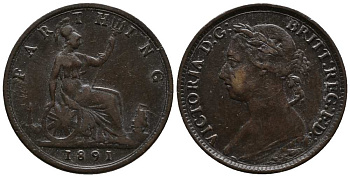Великобритания 1 фартинг 1891 Виктория (1837-1901) KM 753, Spink 3958 бронза  1518-1135
