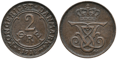 ДАНИЯ 2 ЭРЕ 1912 VBP; GJ, ФРЕДЕРИК VIII (1906-1912) KM 805 бронза 67-147