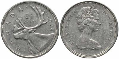 КАНАДА 25 ЦЕНТОВ 1974 ЕЛИЗАВЕТА II, ОЛЕНЬ KM 62b никель 87-1255