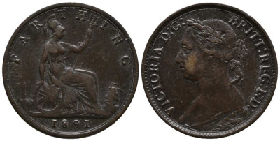 Великобритания 1 фартинг 1891 Виктория (1837-1901) KM 753, Spink 3958 бронза  1518-1135